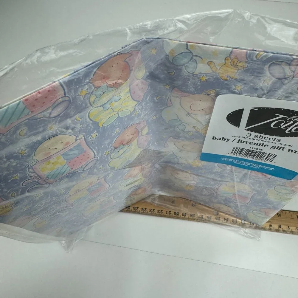 Vtg Baby Gift Wrap Paper Sheets Newborn Baby Shower Blue‎ Purple Voila Made USA